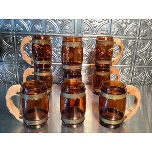 ~1960's ~ Set of 9 Amber Glass Wooden Handled Mugs SIESTAWARE
